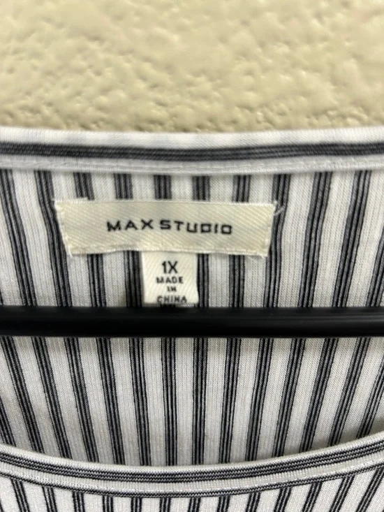 Max Studio White and Navy Vertical-Stripe Tie-Cuff Long Sleeve Top - Picture 2 of 4